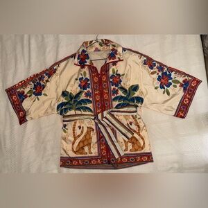 FARM Rio Cream Windbreaker Tunic with Blue & Red Floral Print